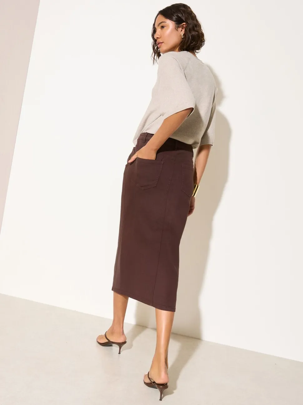 Friends Like These Chocolate Brown Split Front Denim Midi Skirt