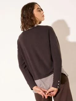 Friends Like These Chocolate 2 in1 Button Shoulder Poplin Jersey Jumper