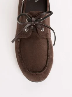 Friends Like These Chocolate Brown Slim Lace-Up Comfort Faux Suede Boat Shoe Loafers
