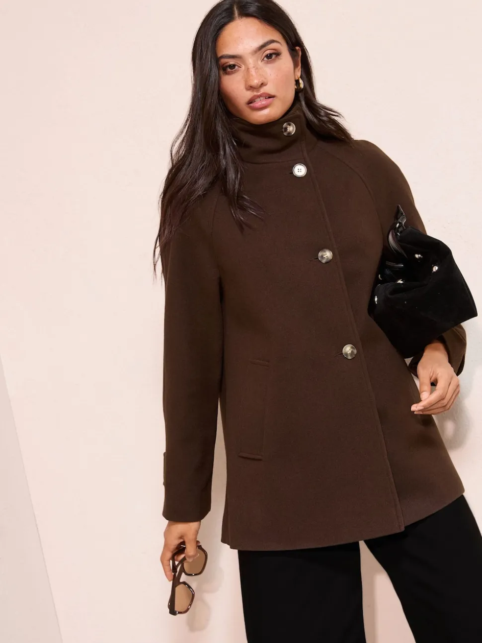 Friends Like These Chocolate Brown Funnel Neck Button Front Mid Length Coat