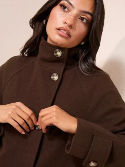 Friends Like These Chocolate Brown Funnel Neck Button Front Mid Length Coat