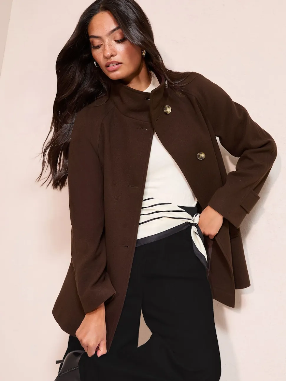 Friends Like These Chocolate Brown Funnel Neck Button Front Mid Length Coat