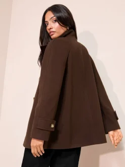 Friends Like These Chocolate Brown Funnel Neck Button Front Mid Length Coat