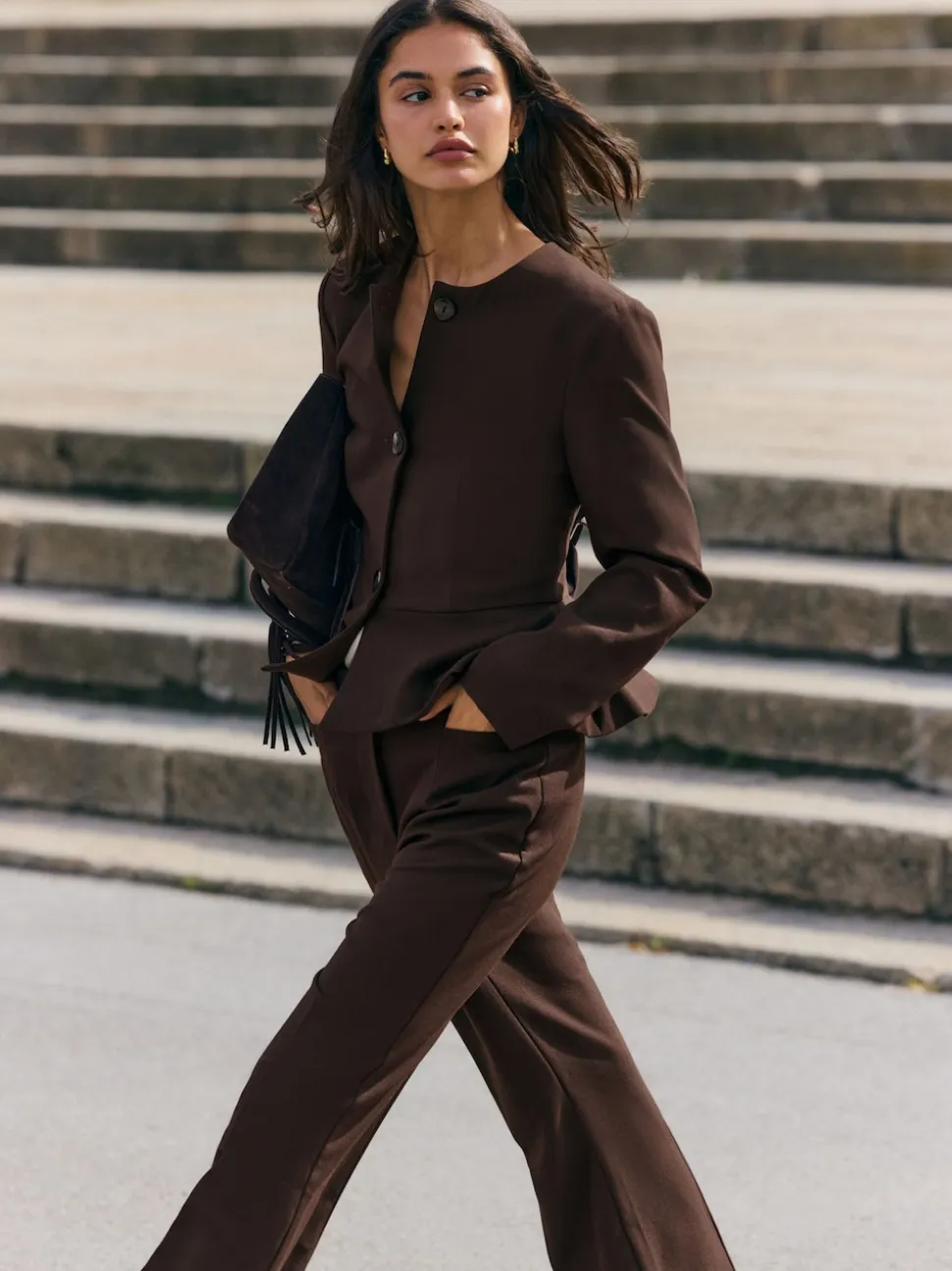 Friends Like These Chocolate Brown Peplum Collarless Jacket