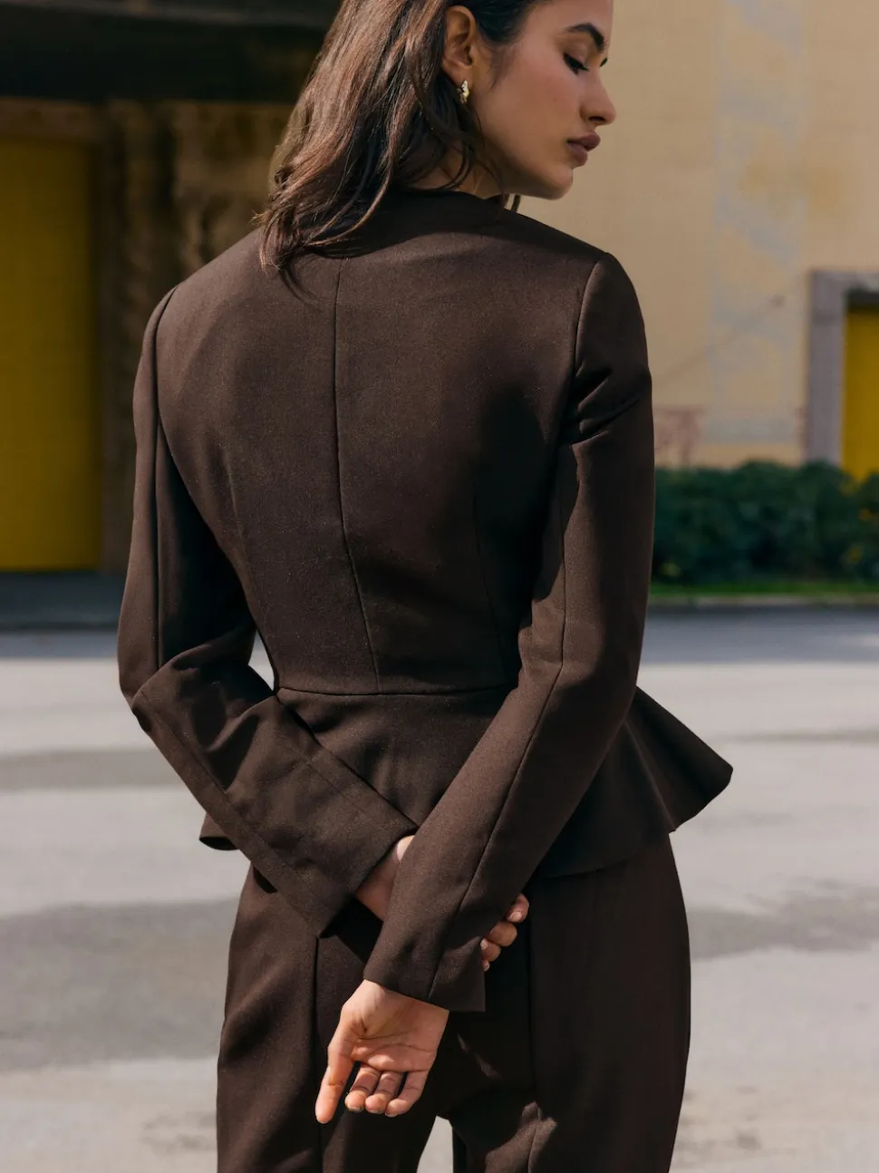 Friends Like These Chocolate Brown Peplum Collarless Jacket