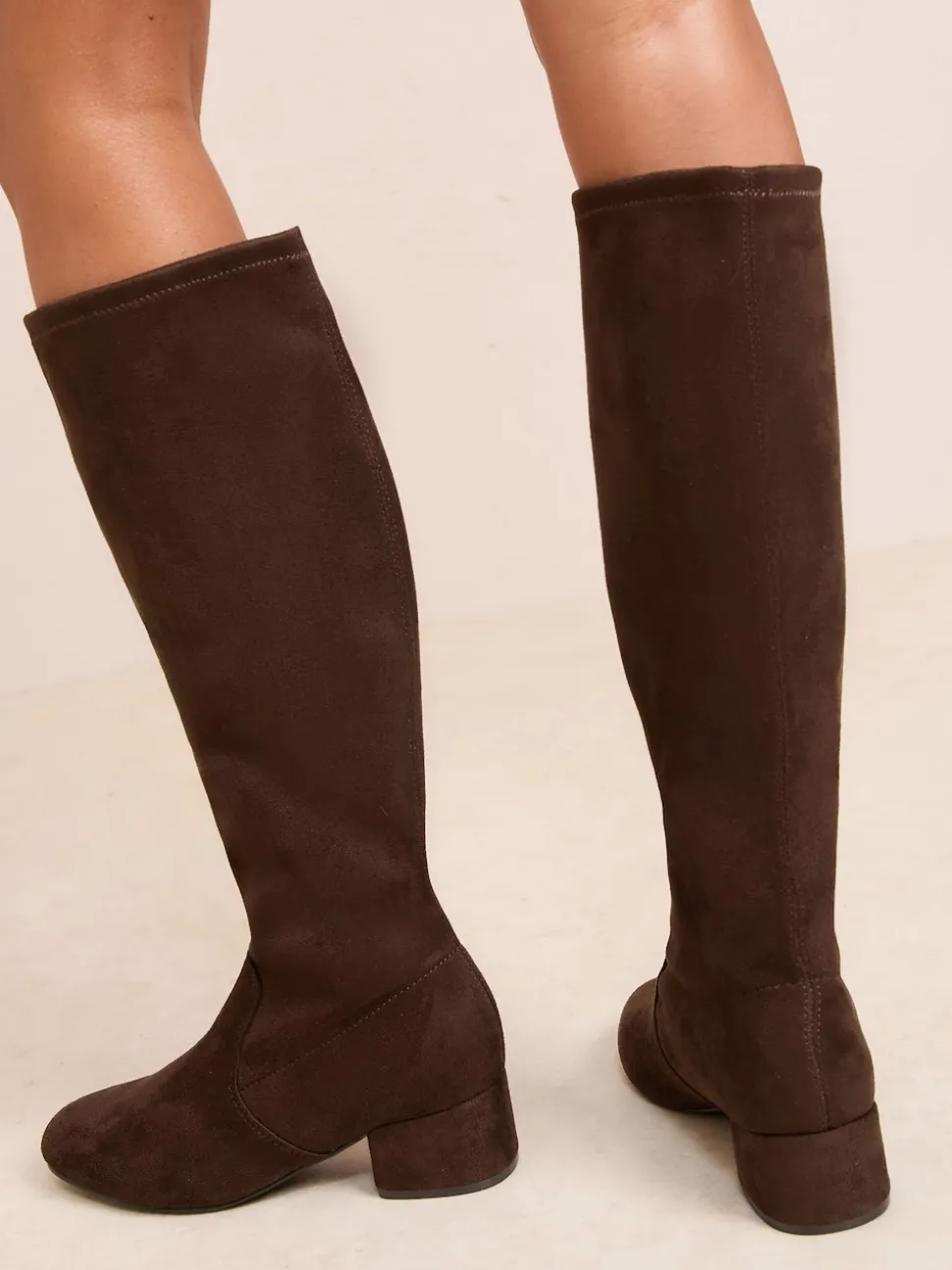 Friends Like These Chocolate Brown Standard fit Low Block Heel Faux Suede Knee High Sock Boots
