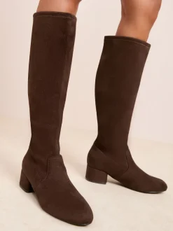 Friends Like These Chocolate Brown Standard fit Low Block Heel Faux Suede Knee High Sock Boots