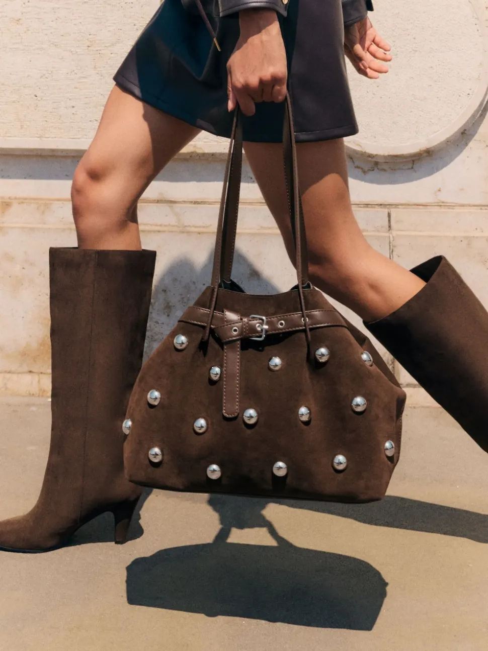 Friends Like These Chocolate Brown Faux Suede Studded Tote Bag