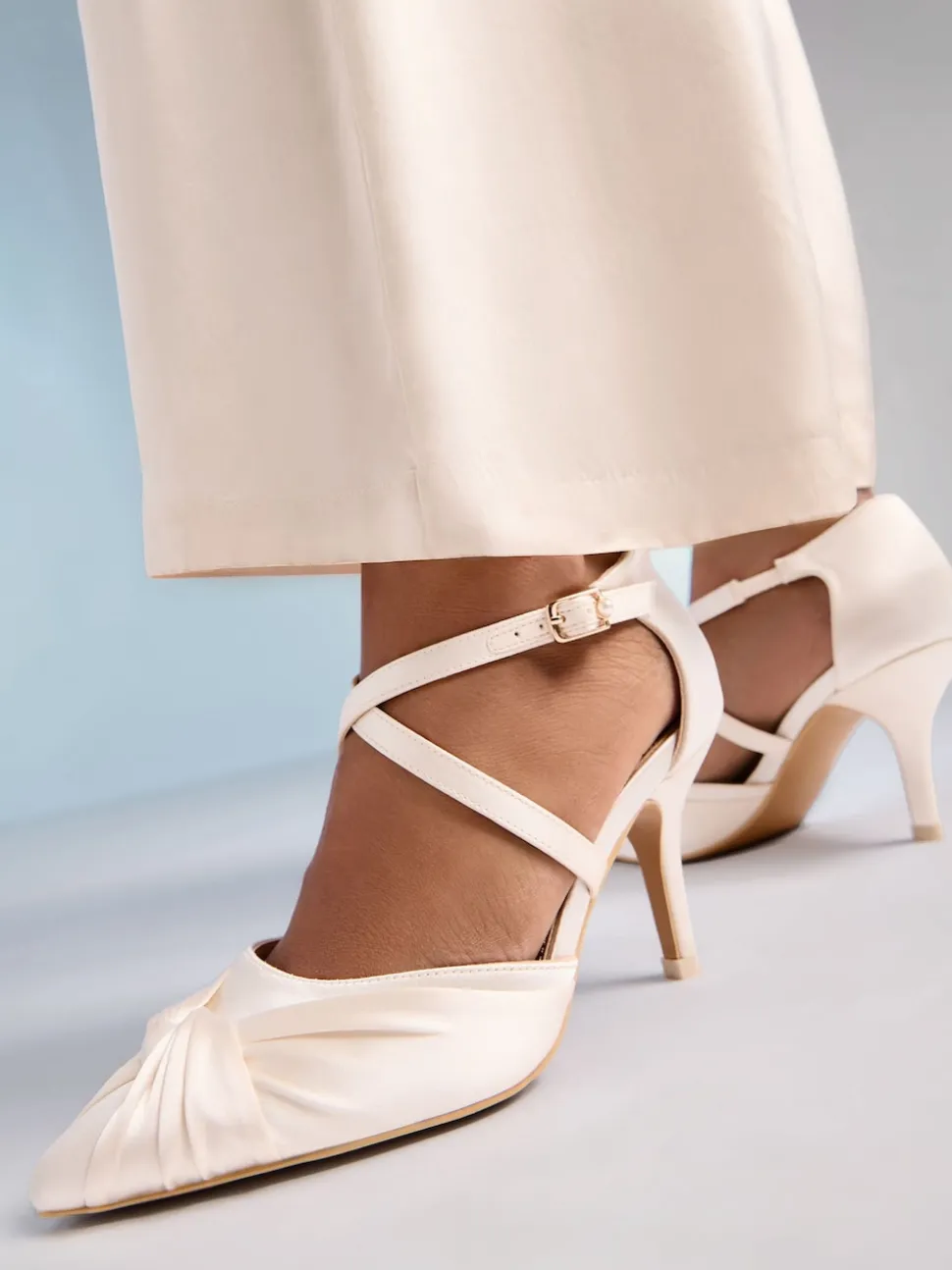 Friends Like These Cream Satin Twist Detail Cross Strap Mid Heel Bridal Court Shoe