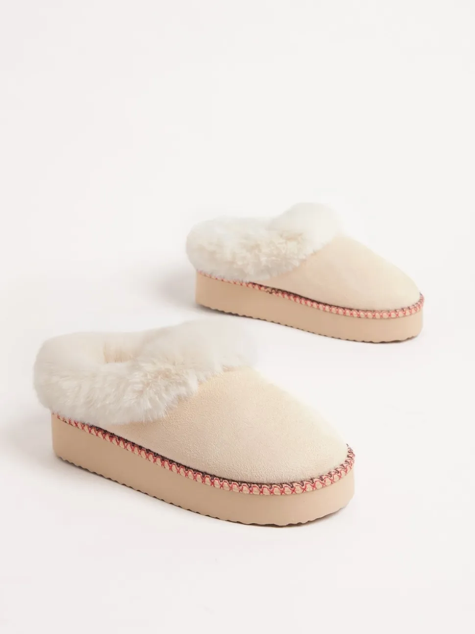 Friends Like These Cream Faux Fur Cuff Embroidered Tape Nightwear Mule Slippers