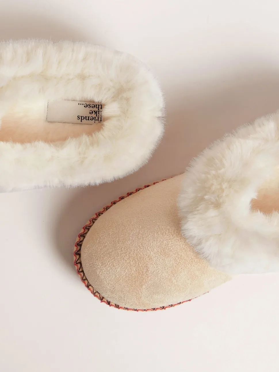 Friends Like These Cream Faux Fur Cuff Embroidered Tape Nightwear Mule Slippers