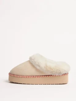 Friends Like These Cream Faux Fur Cuff Embroidered Tape Nightwear Mule Slippers