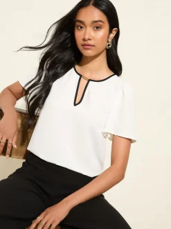 Friends Like These Cream Short Angel Sleeve Tipped Trim Blouse