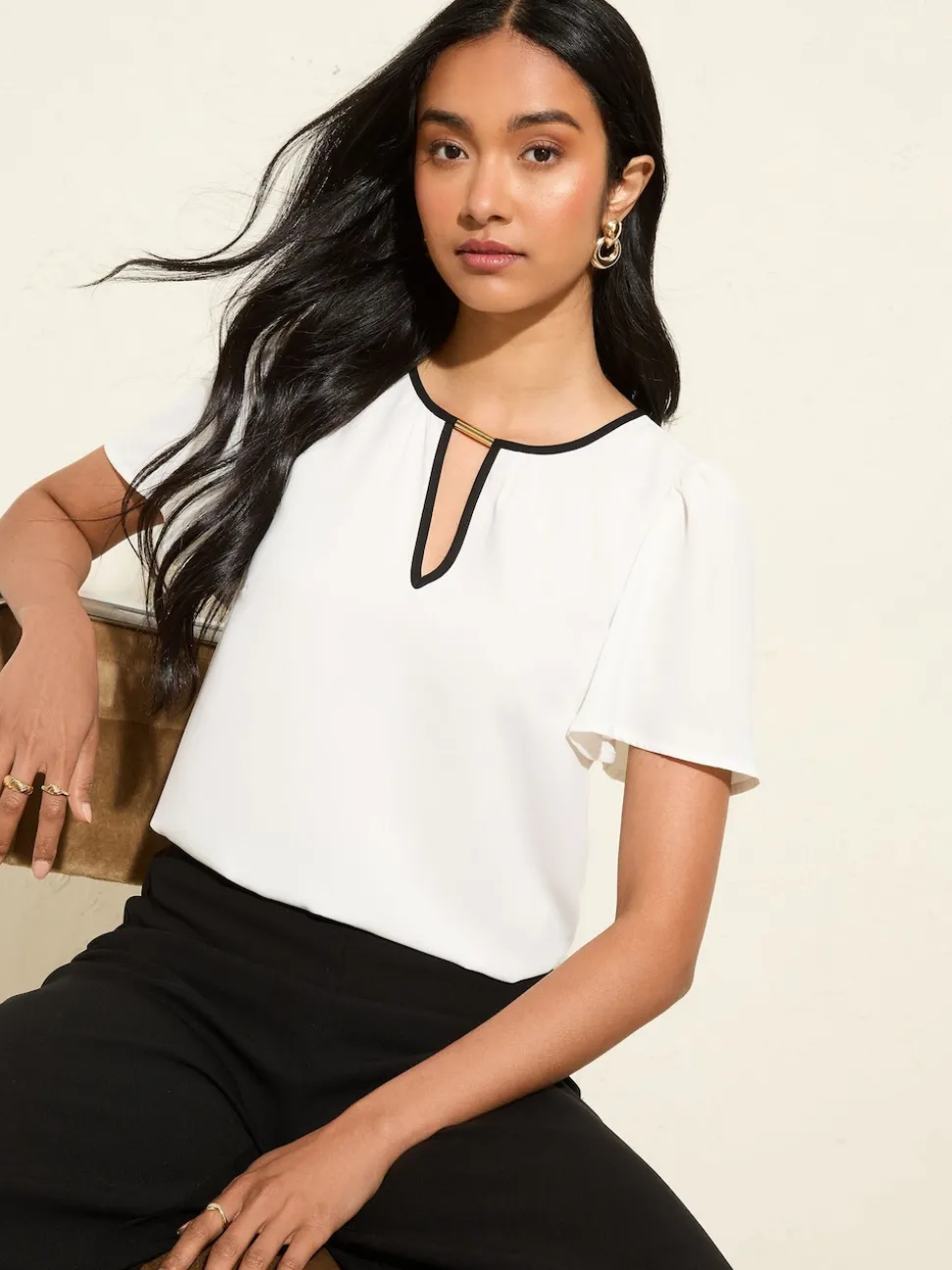 Friends Like These Cream Short Angel Sleeve Tipped Trim Blouse