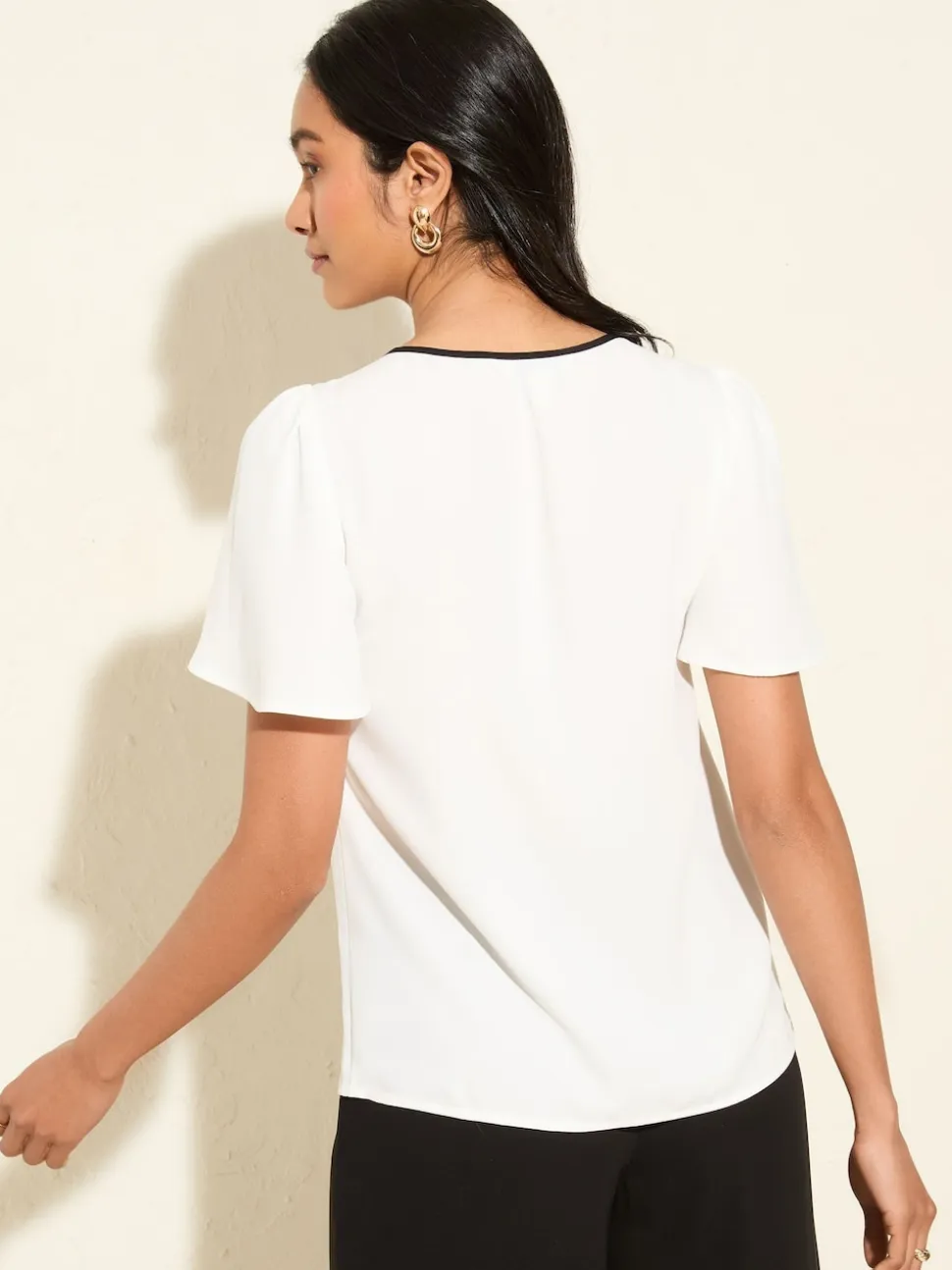 Friends Like These Cream Short Angel Sleeve Tipped Trim Blouse