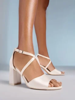Friends Like These Cream Wide Fit Satin Cross Strap Mid Block Heel Peep Toe Bridal Sandals