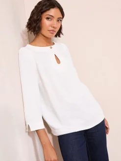 Friends Like These Cream 3/4 Sleeve Keyhole Front Hardware Detail Blouse