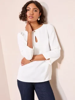 Friends Like These Cream 3/4 Sleeve Keyhole Front Hardware Detail Blouse