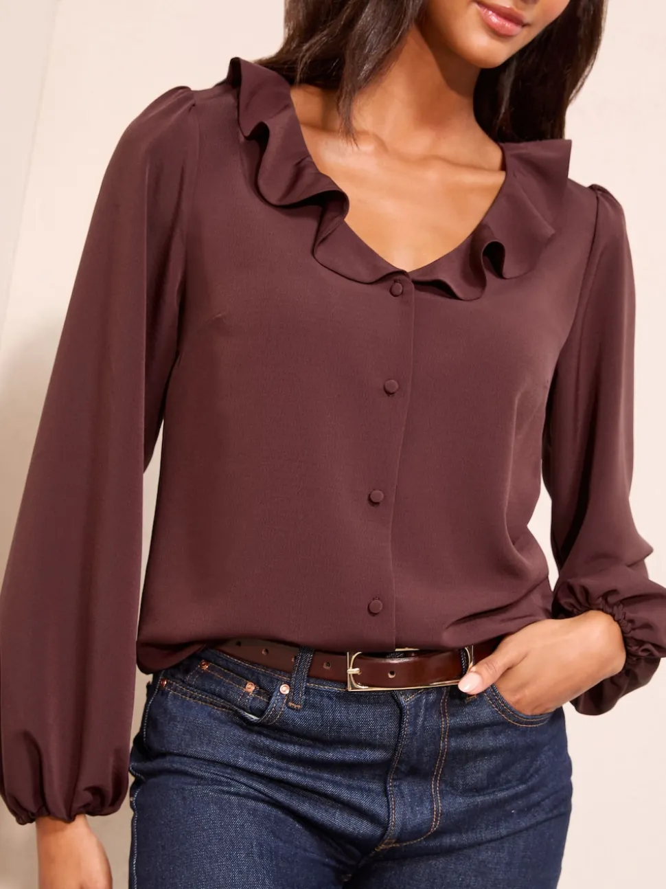 Friends Like These Fig Purple Long Sleeve Button Front Ruffle Blouse