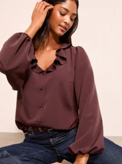 Friends Like These Fig Purple Long Sleeve Button Front Ruffle Blouse