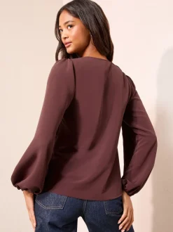 Friends Like These Fig Purple Long Sleeve Button Front Ruffle Blouse