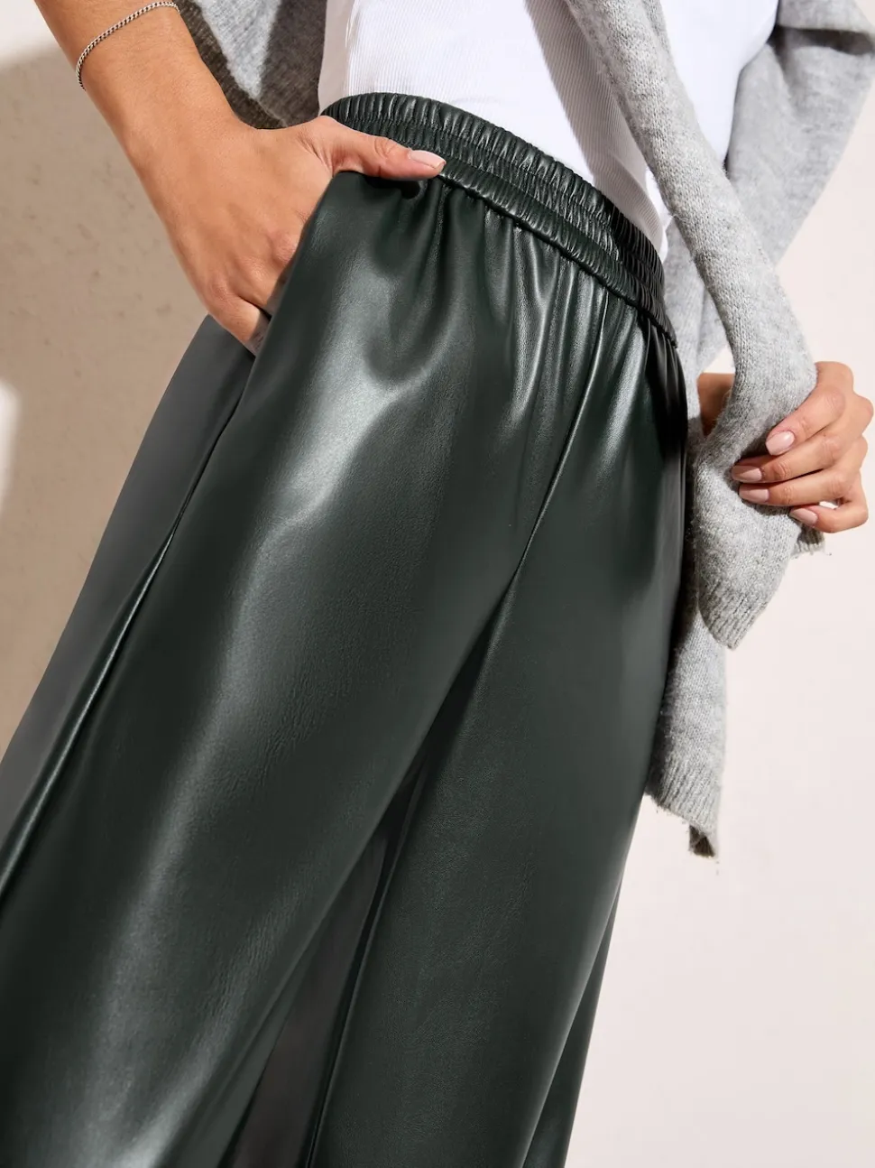 Friends Like These Forest Green Faux Leather Elasticaed Trousers