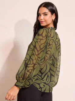 Friends Like These Green Floral Print Collarless Long Sleeve Chiffon Blouse