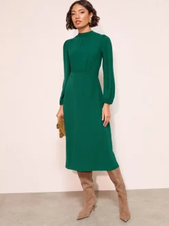 Friends Like These Green High Neck Long Sleeve Midi Dress with Bow Detailing