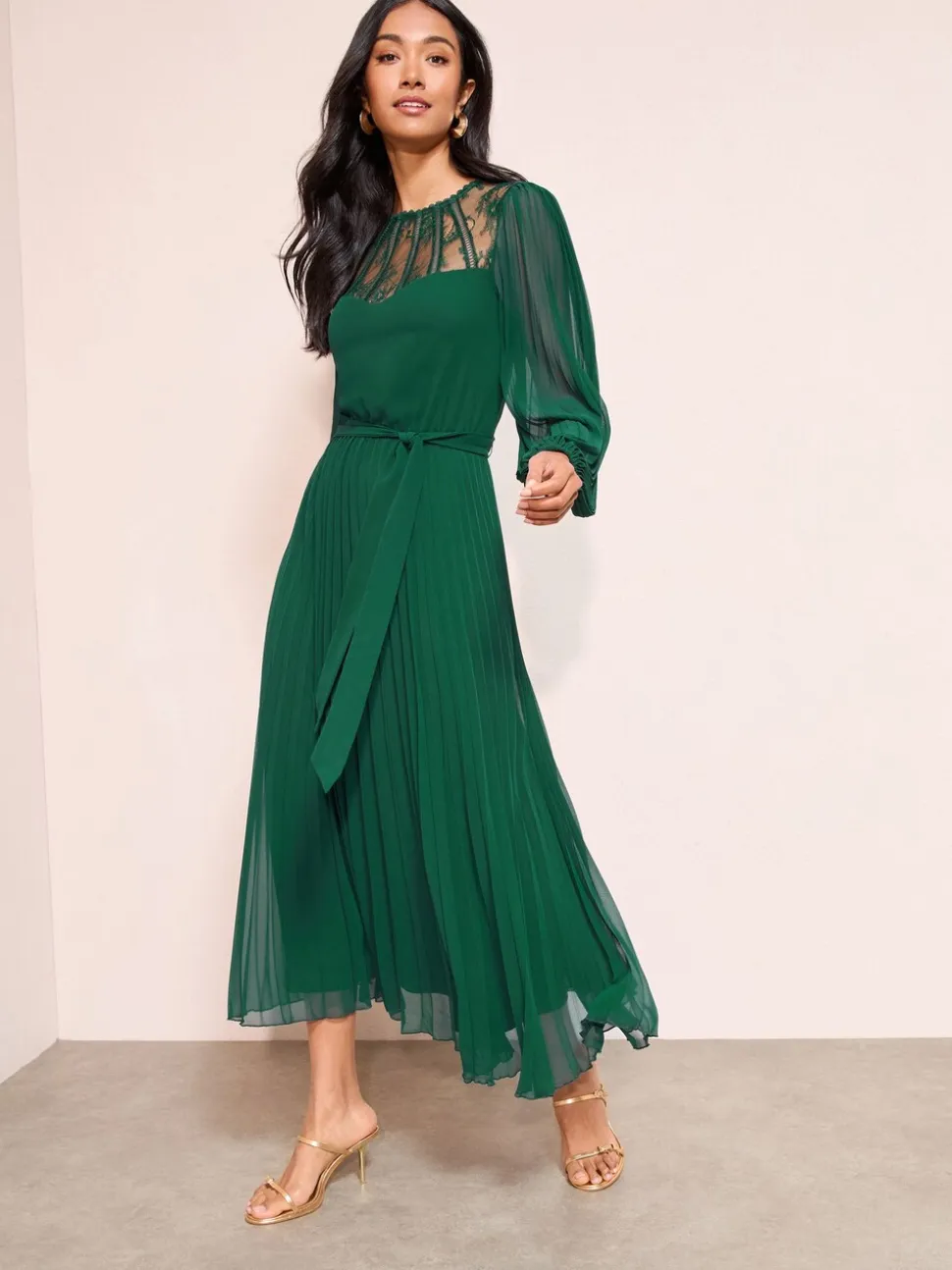 Friends Like These Green Lace Yoke Long Sleeve Pleated Chiffon Midi Dress