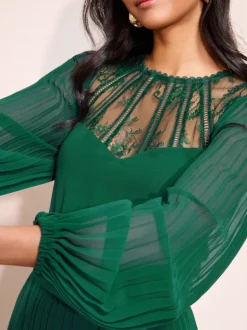 Friends Like These Green Lace Yoke Long Sleeve Pleated Chiffon Midi Dress