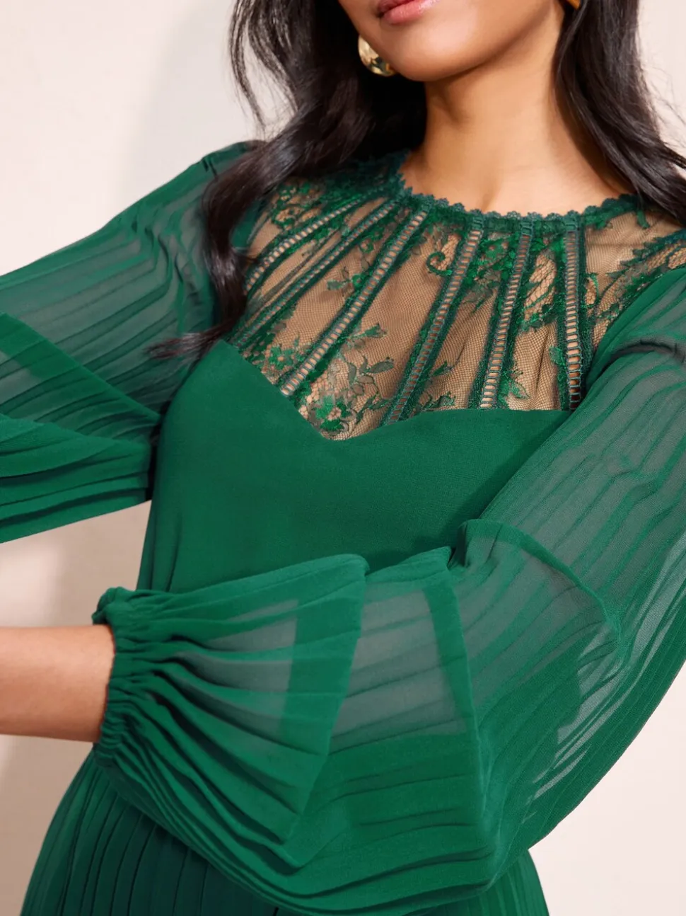 Friends Like These Green Lace Yoke Long Sleeve Pleated Chiffon Midi Dress