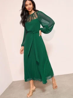 Friends Like These Green Lace Yoke Long Sleeve Pleated Chiffon Midi Dress