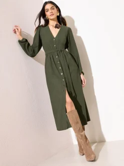 Friends Like These Khaki Green Petite Long Sleeve Tie Waist Button Up Textured Midi Dress