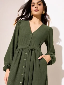 Friends Like These Khaki Green Petite Long Sleeve Tie Waist Button Up Textured Midi Dress