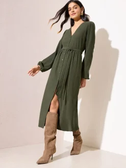 Friends Like These Khaki Green Petite Long Sleeve Tie Waist Button Up Textured Midi Dress