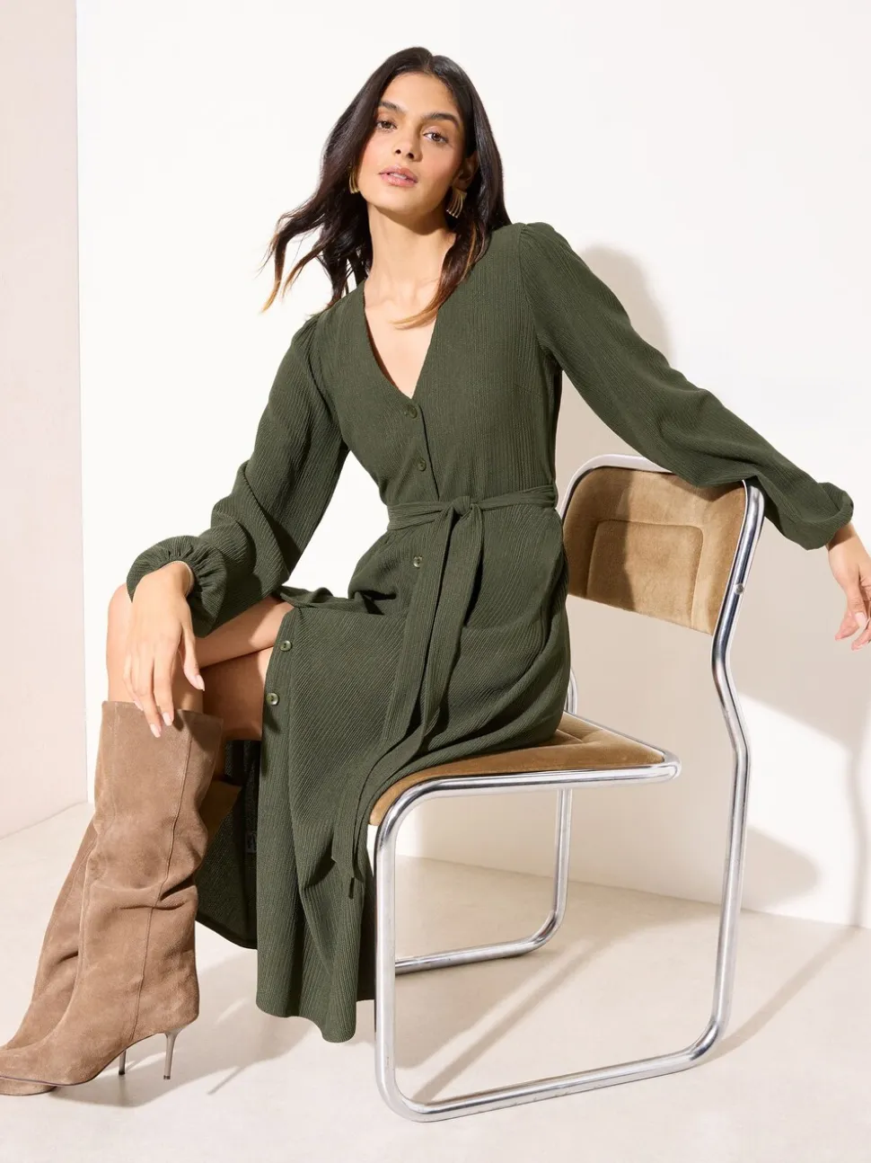 Friends Like These Khaki Green Petite Long Sleeve Tie Waist Button Up Textured Midi Dress