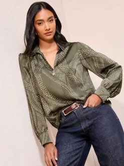 Friends Like These Khaki Print Long Sleeve Button Detail Collared Blouse