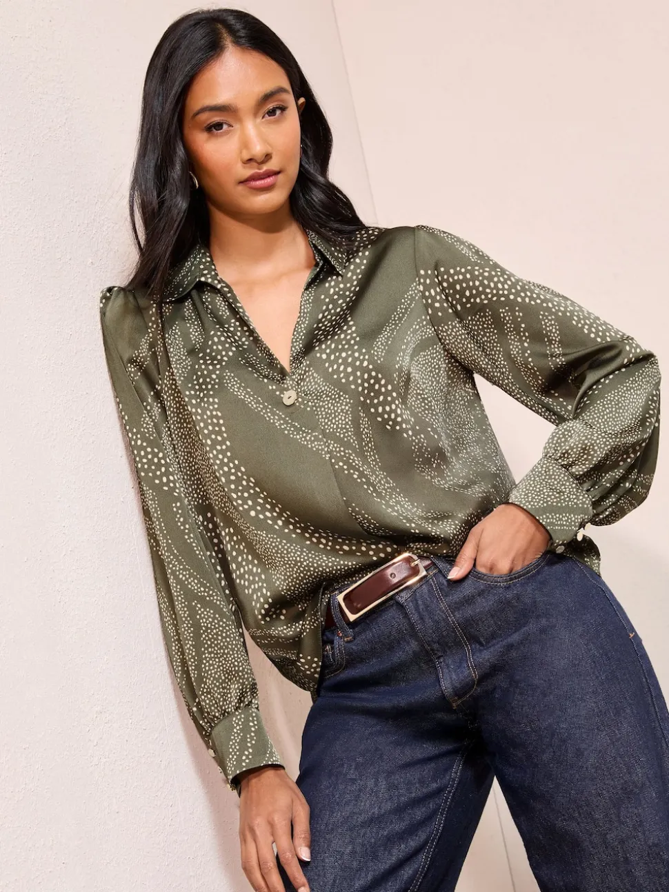 Friends Like These Khaki Print Long Sleeve Button Detail Collared Blouse