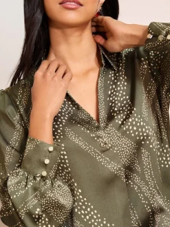 Friends Like These Khaki Print Long Sleeve Button Detail Collared Blouse