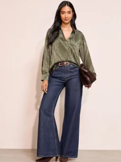 Friends Like These Khaki Print Long Sleeve Button Detail Collared Blouse