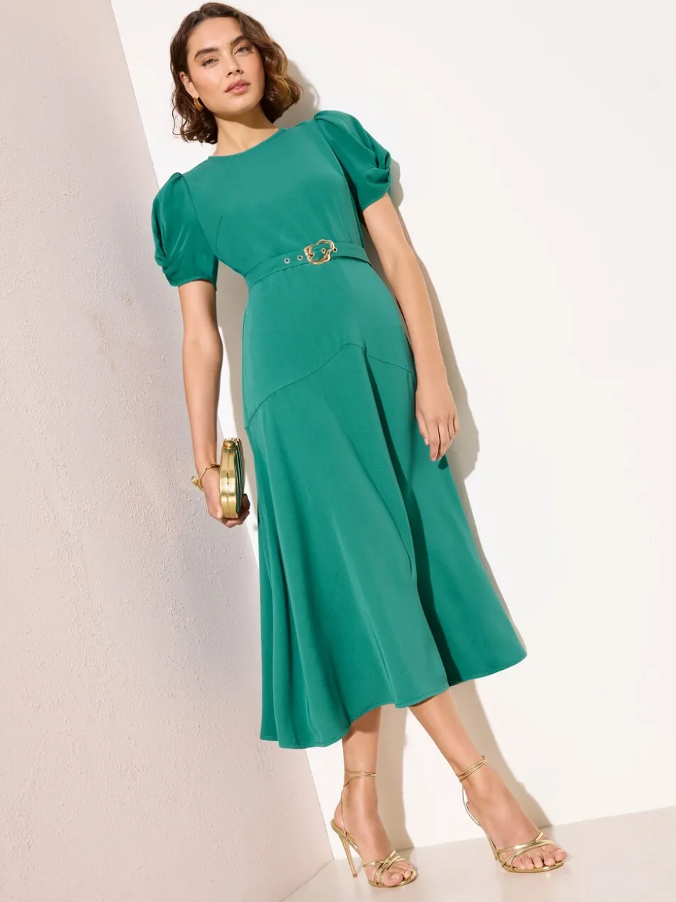 Friends Like These Khaki Green Petite Ruched Short Sleeve Belted Midi Dress