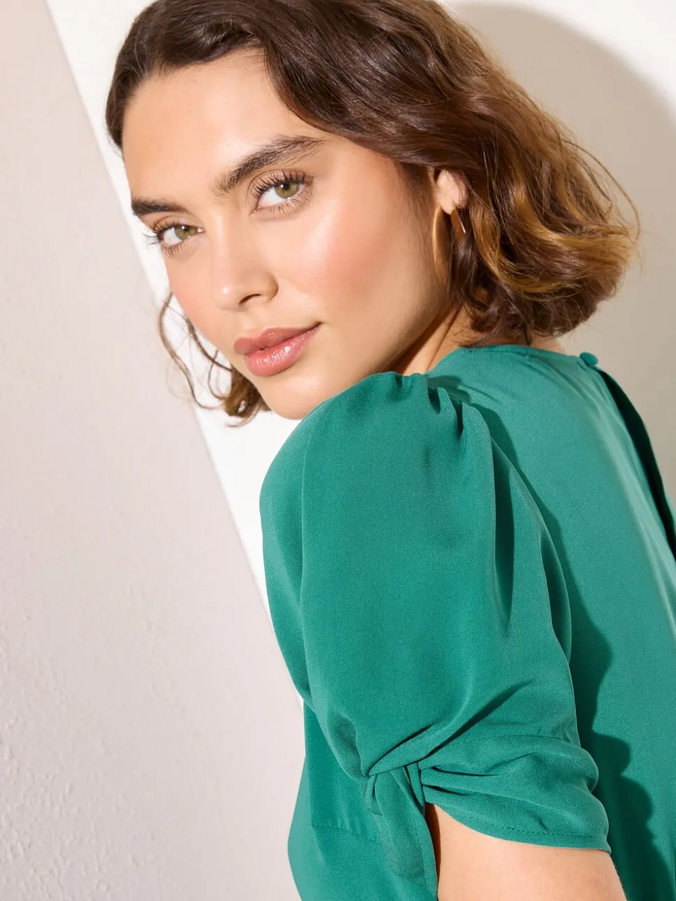 Friends Like These Khaki Green Petite Ruched Short Sleeve Belted Midi Dress