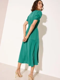 Friends Like These Khaki Green Petite Ruched Short Sleeve Belted Midi Dress