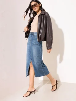 Friends Like These Mid Blue Split Front Denim Midi Skirt