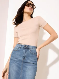 Friends Like These Mid Blue Split Front Denim Midi Skirt