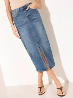 Friends Like These Mid Blue Petite Split Front Denim Midi Skirt