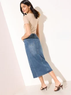 Friends Like These Mid Blue Petite Split Front Denim Midi Skirt