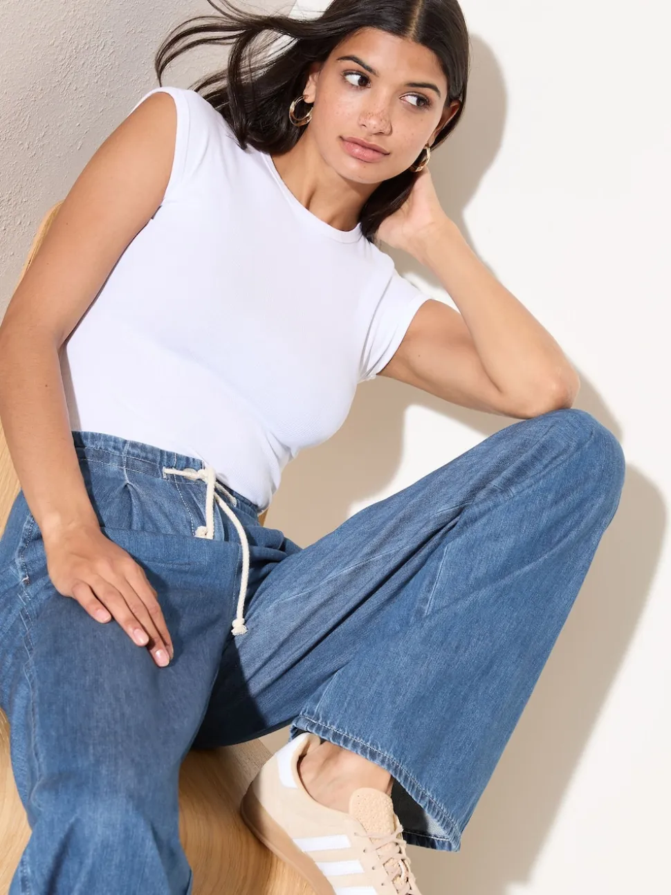 Friends Like These Mid Wash Tie Waist Pleat Front Wide Leg Jeans