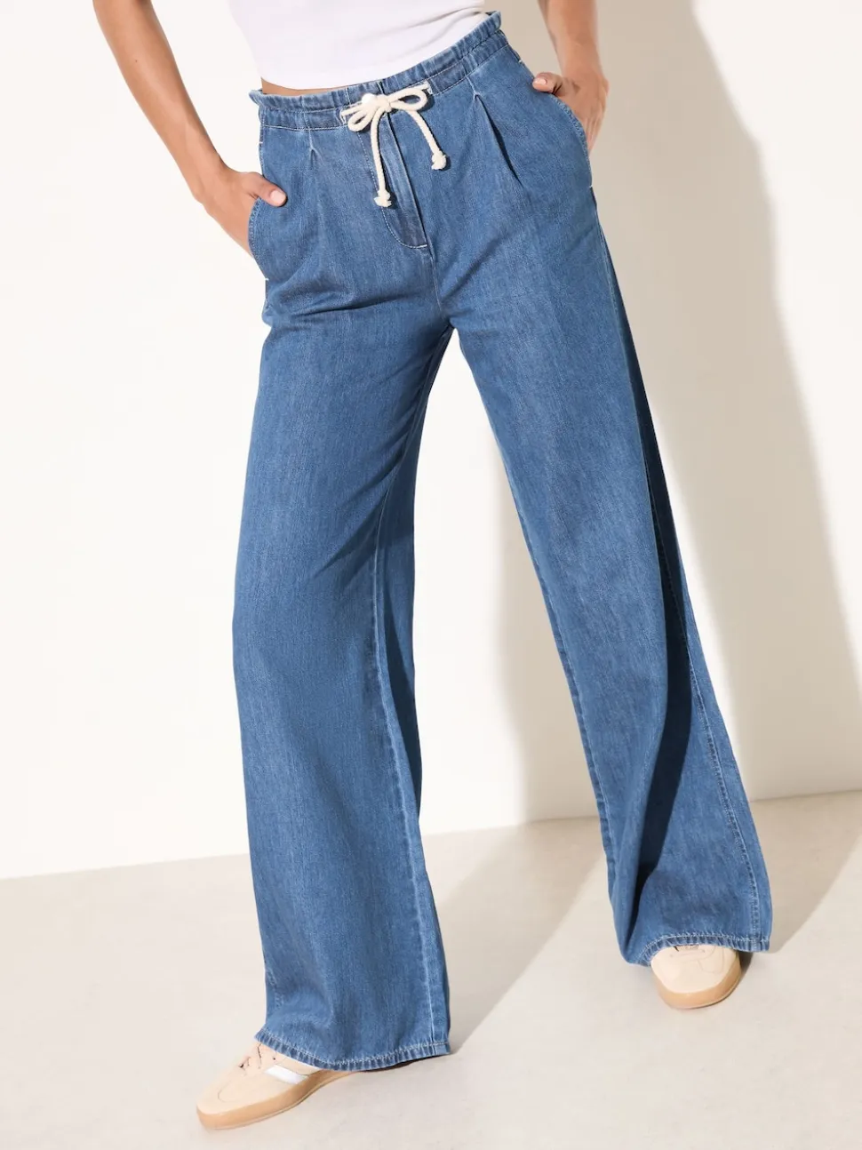 Friends Like These Mid Wash Tie Waist Pleat Front Wide Leg Jeans