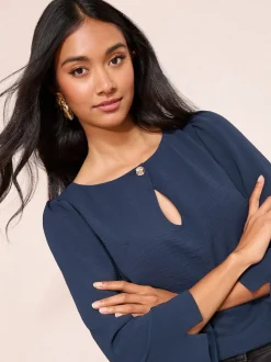Friends Like These Navy 3/4 Sleeve Keyhole Front Hardware Detail Blouse